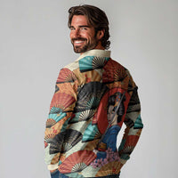 Japanese Geisha Katana Long Sleeve Polo Shirt Japan Sensu Seigaiha Pattern LT14 - Polynesian Pride