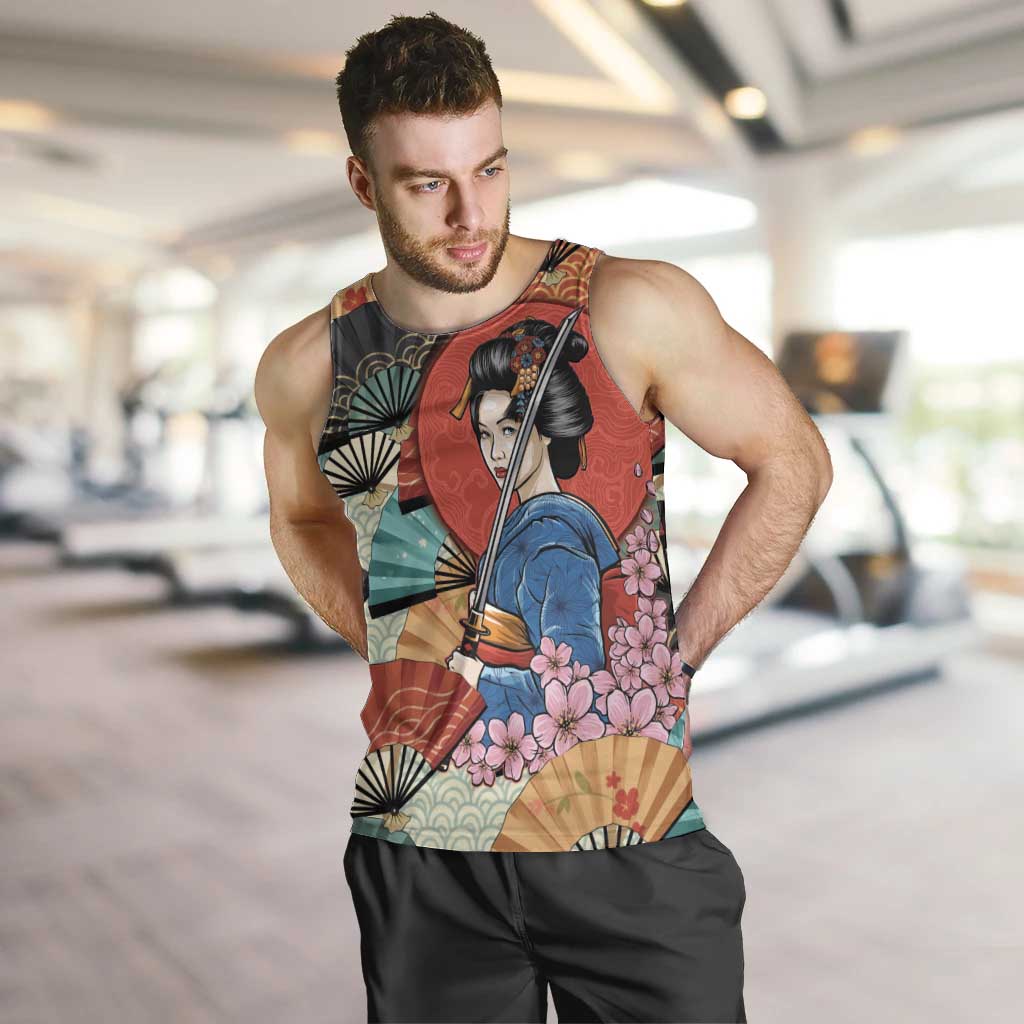 Japanese Geisha Katana Men Tank Top Japan Sensu Seigaiha Pattern - Polynesian Pride