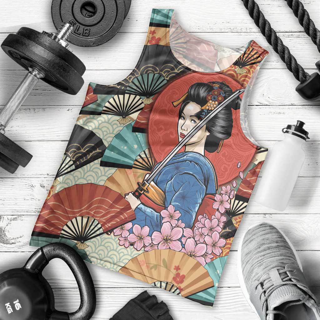 Japanese Geisha Katana Men Tank Top Japan Sensu Seigaiha Pattern - Polynesian Pride