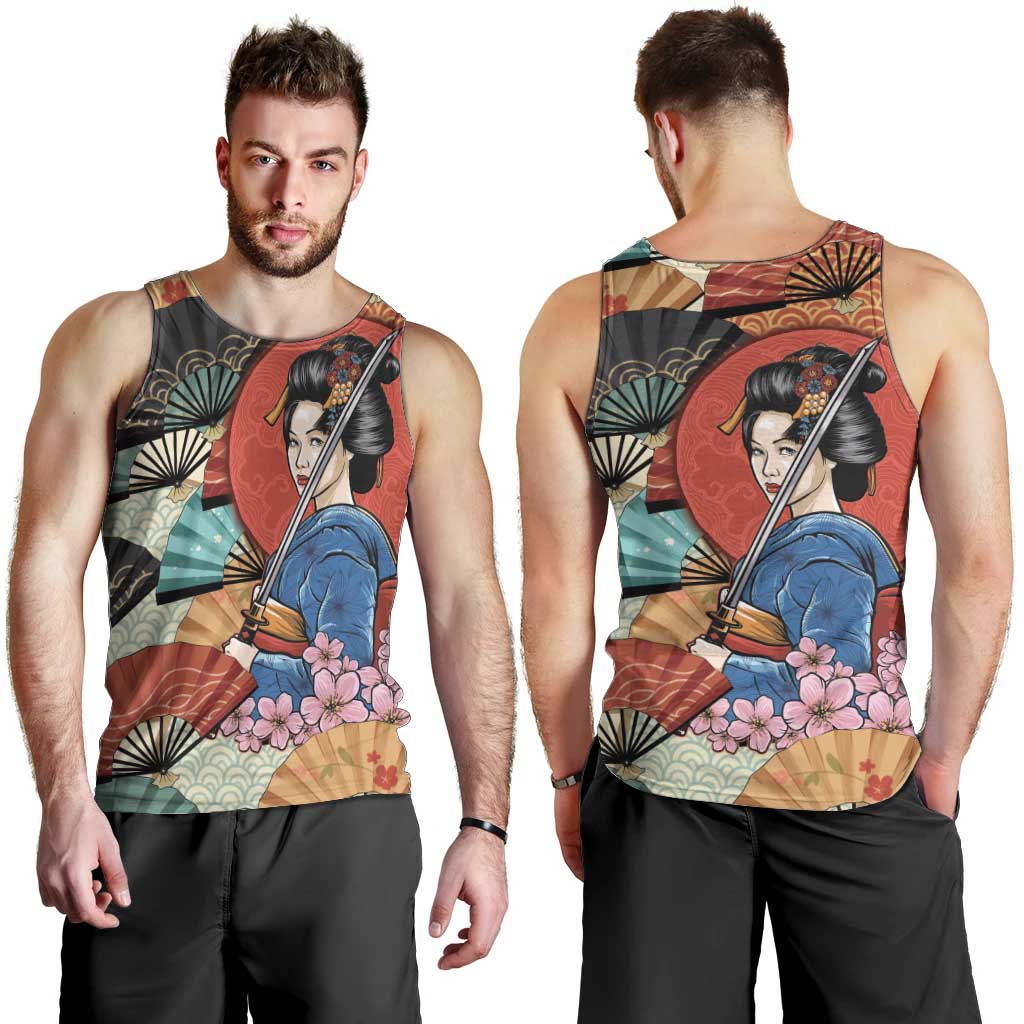 Japanese Geisha Katana Men Tank Top Japan Sensu Seigaiha Pattern - Polynesian Pride