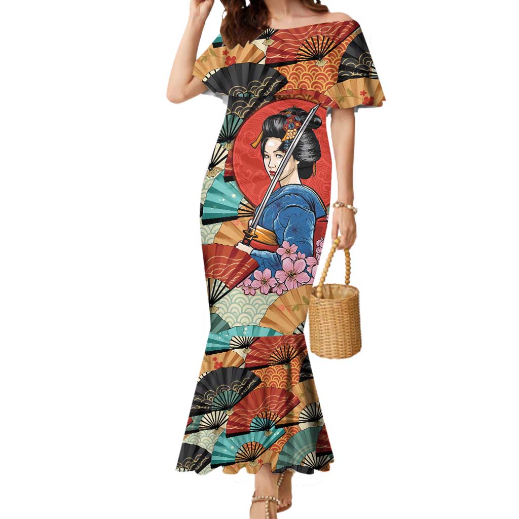 Japanese Geisha Katana Mermaid Dress Japan Sensu Seigaiha Pattern LT14 Women Multicolor - Polynesian Pride