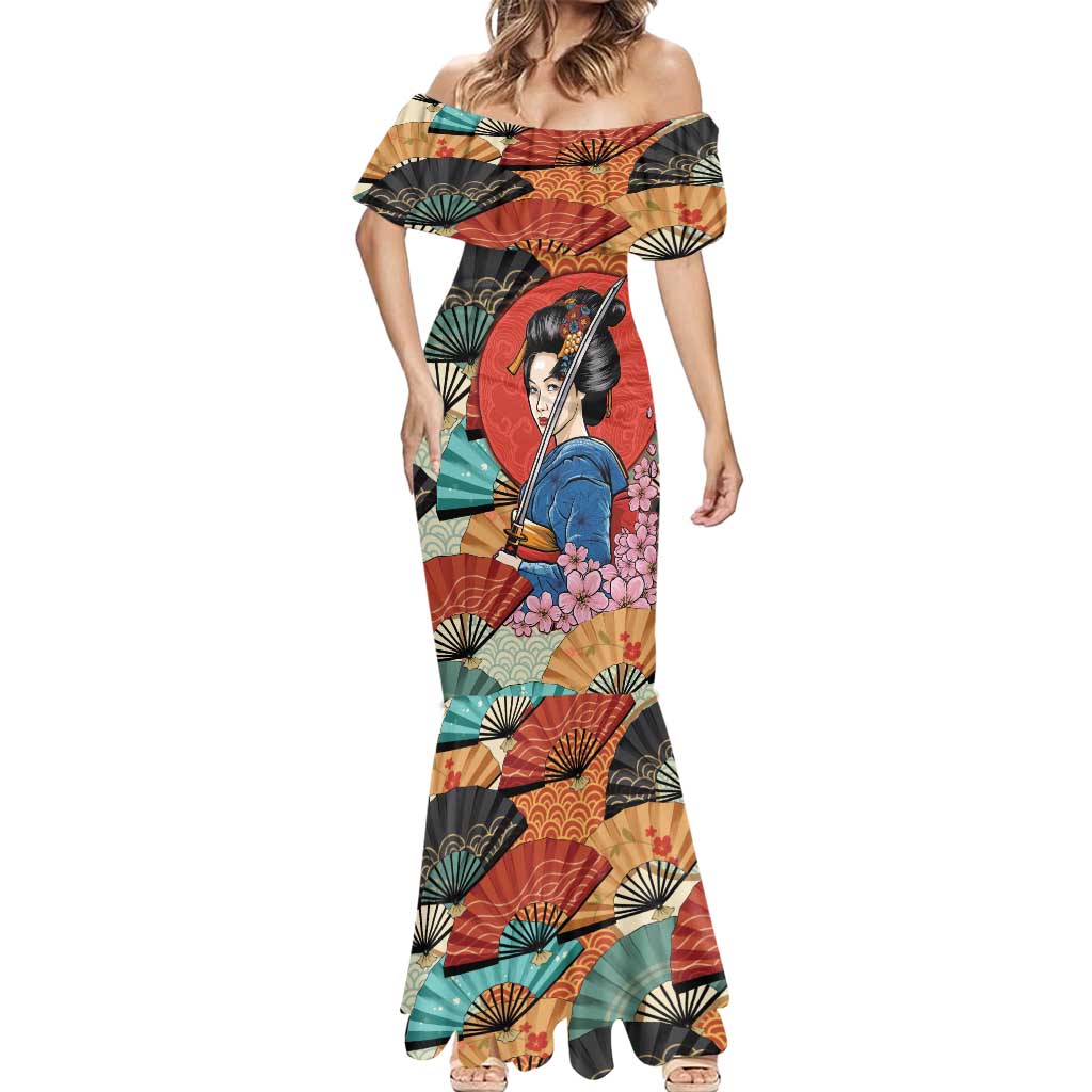 Japanese Geisha Katana Mermaid Dress Japan Sensu Seigaiha Pattern LT14 - Polynesian Pride