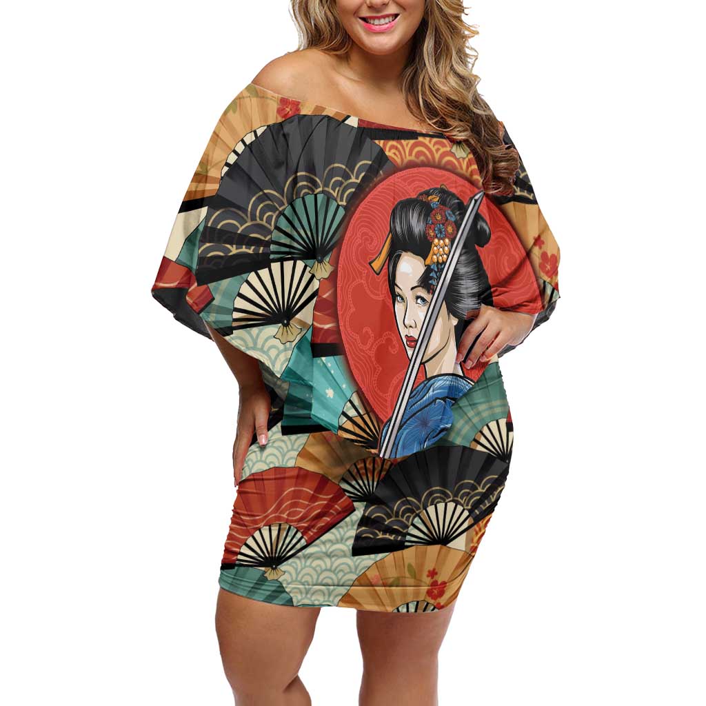 Japanese Geisha Katana Off Shoulder Short Dress Japan Sensu Seigaiha Pattern - Polynesian Pride