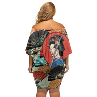 Japanese Geisha Katana Off Shoulder Short Dress Japan Sensu Seigaiha Pattern LT14 - Polynesian Pride