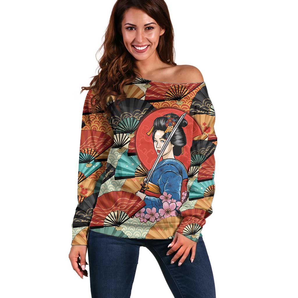 Japanese Geisha Katana Off Shoulder Sweater Japan Sensu Seigaiha Pattern LT14 Women Multicolor - Polynesian Pride