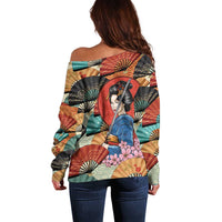 Japanese Geisha Katana Off Shoulder Sweater Japan Sensu Seigaiha Pattern LT14 - Polynesian Pride