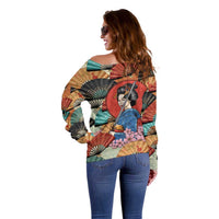 Japanese Geisha Katana Off Shoulder Sweater Japan Sensu Seigaiha Pattern LT14 - Polynesian Pride
