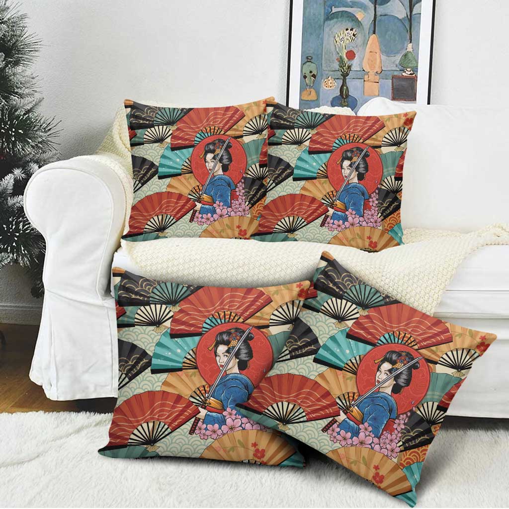 Japanese Geisha Katana Pillow Cover Japan Sensu Seigaiha Pattern LT14 - Polynesian Pride