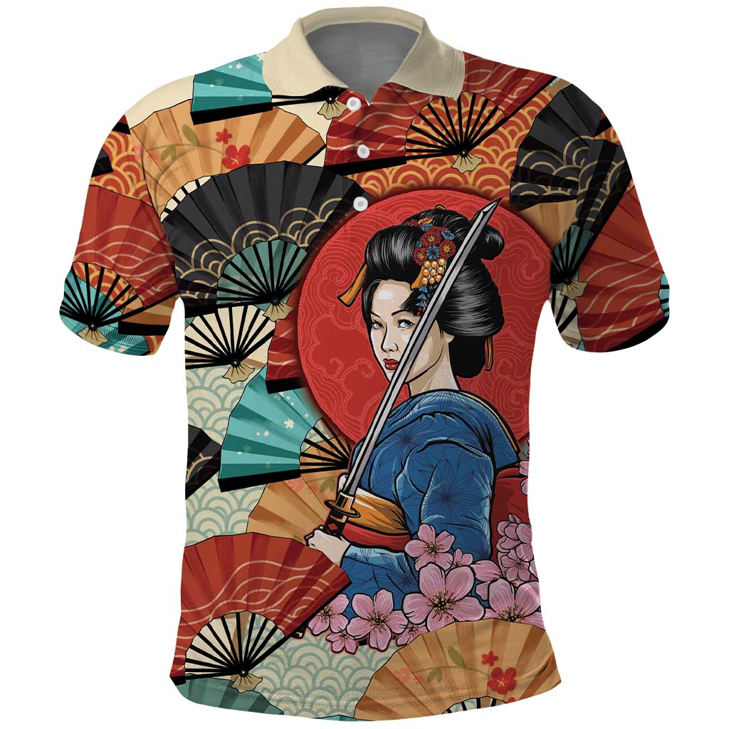 Japanese Geisha Katana Polo Shirt Japan Sensu Seigaiha Pattern LT14 Multicolor - Polynesian Pride