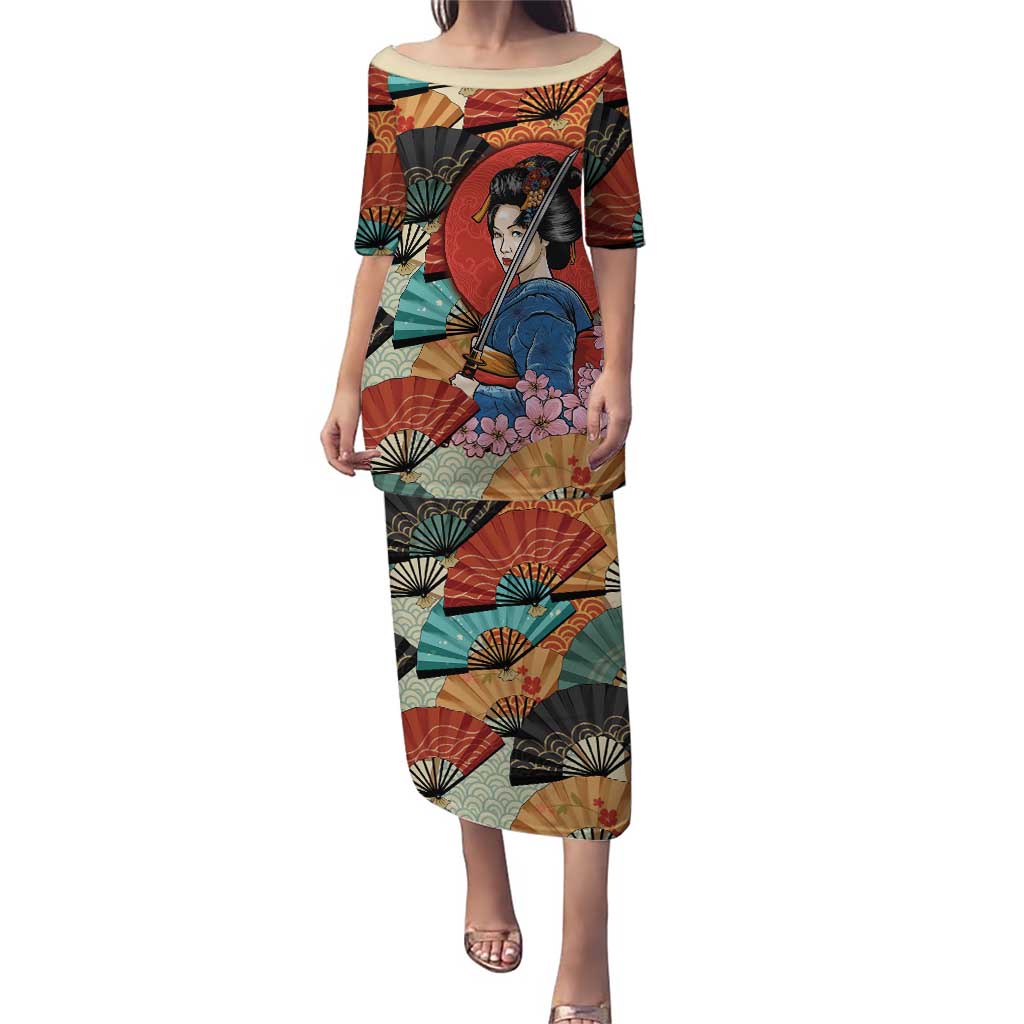 Japanese Geisha Katana Puletasi Japan Sensu Seigaiha Pattern LT14 Long Dress Multicolor - Polynesian Pride