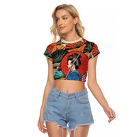 Japanese Geisha Katana Raglan Cropped T Shirt Japan Sensu Seigaiha Pattern LT14 Female Multicolor - Polynesian Pride