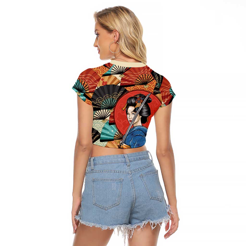Japanese Geisha Katana Raglan Cropped T Shirt Japan Sensu Seigaiha Pattern LT14 - Polynesian Pride