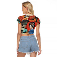 Japanese Geisha Katana Raglan Cropped T Shirt Japan Sensu Seigaiha Pattern LT14 - Polynesian Pride