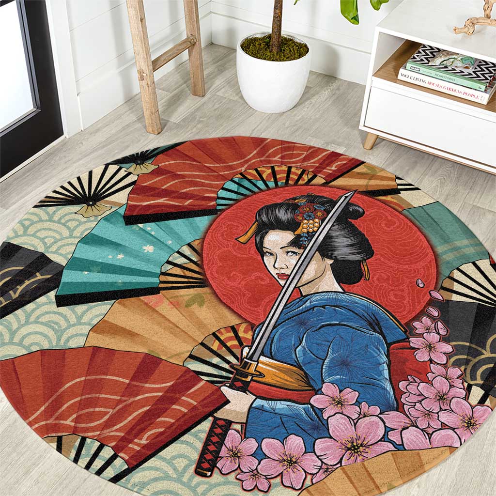 Japanese Geisha Katana Round Carpet Japan Sensu Seigaiha Pattern LT14 Multicolor - Polynesian Pride