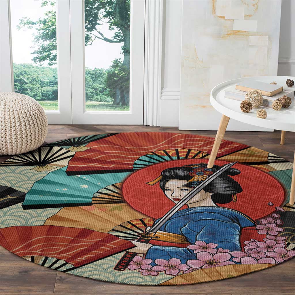 Japanese Geisha Katana Round Carpet Japan Sensu Seigaiha Pattern LT14 - Polynesian Pride