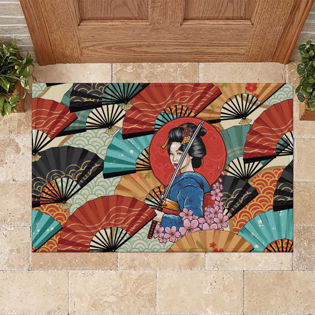 Japanese Geisha Katana Rubber Doormat Japan Sensu Seigaiha Pattern LT14 Multicolor - Polynesian Pride