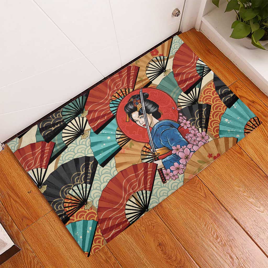 Japanese Geisha Katana Rubber Doormat Japan Sensu Seigaiha Pattern LT14 - Polynesian Pride