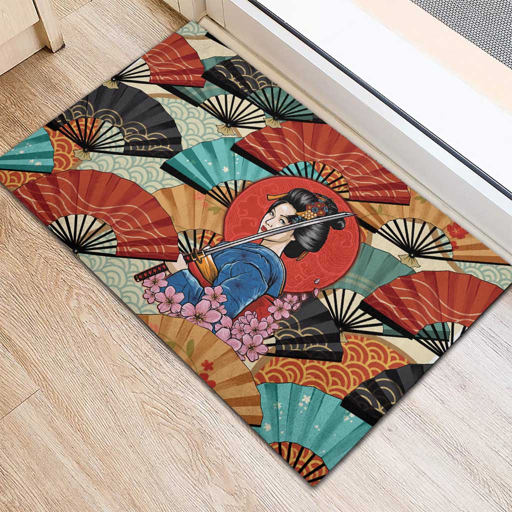 Japanese Geisha Katana Rubber Doormat Japan Sensu Seigaiha Pattern LT14 - Polynesian Pride
