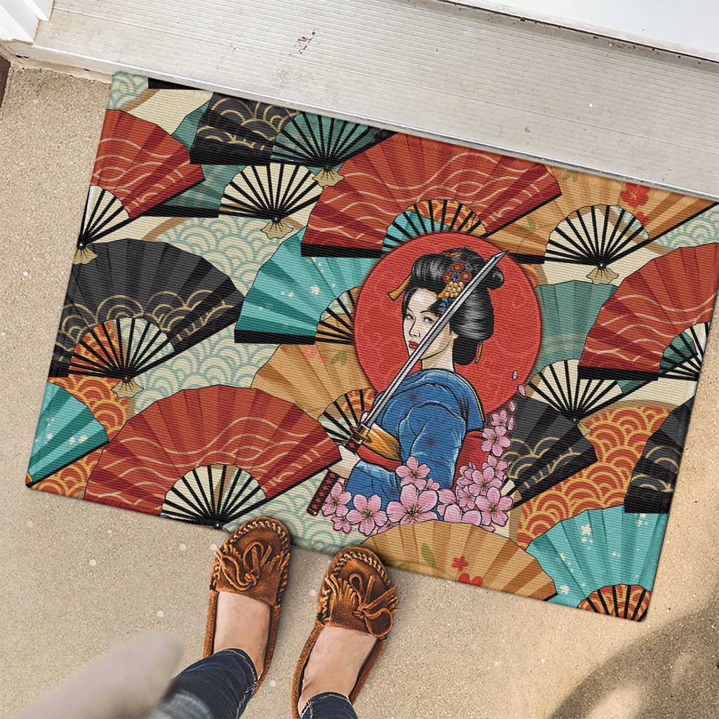 Japanese Geisha Katana Rubber Doormat Japan Sensu Seigaiha Pattern LT14 - Polynesian Pride