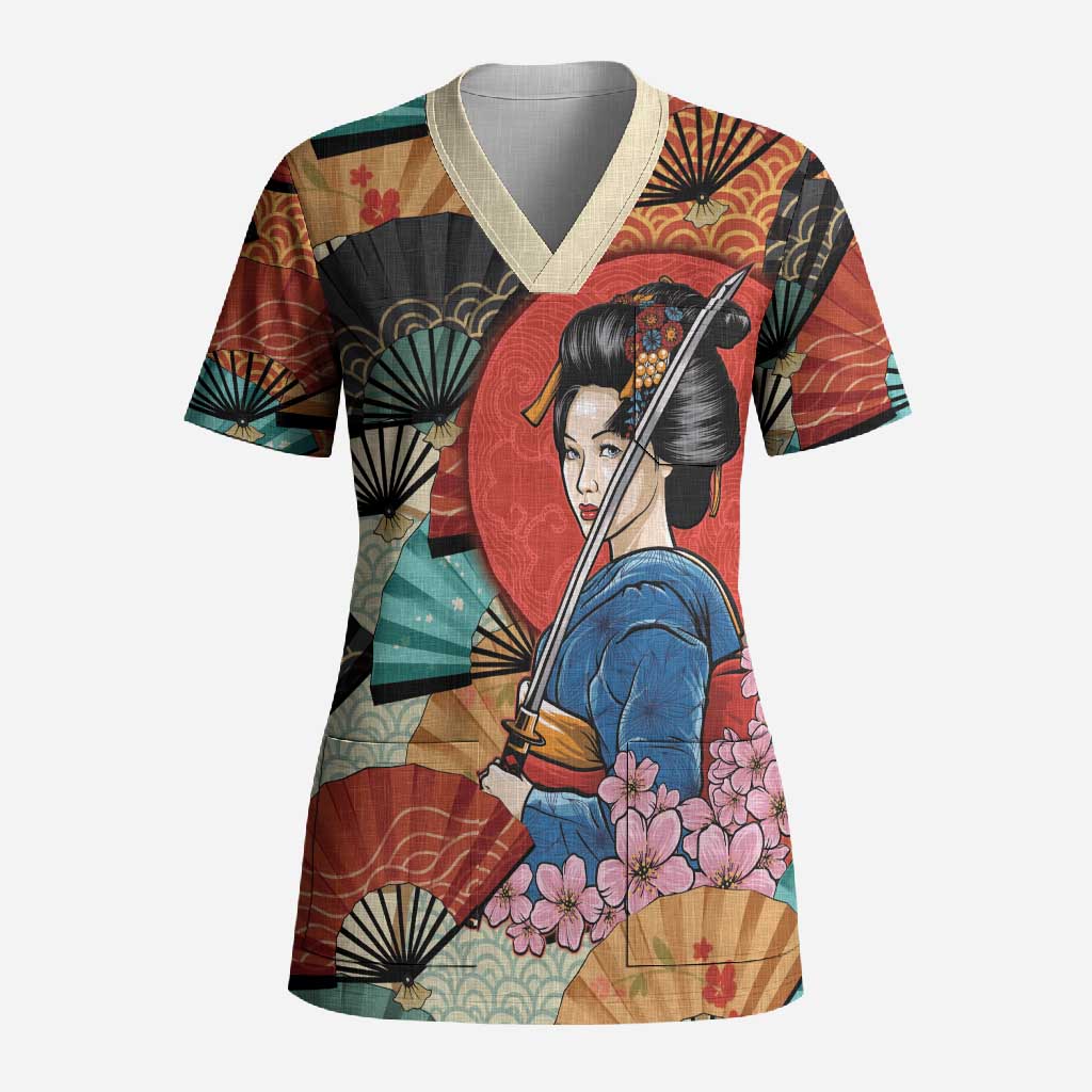 Japanese Geisha Katana Scrub Top Japan Sensu Seigaiha Pattern LT14 Adult Multicolor - Polynesian Pride