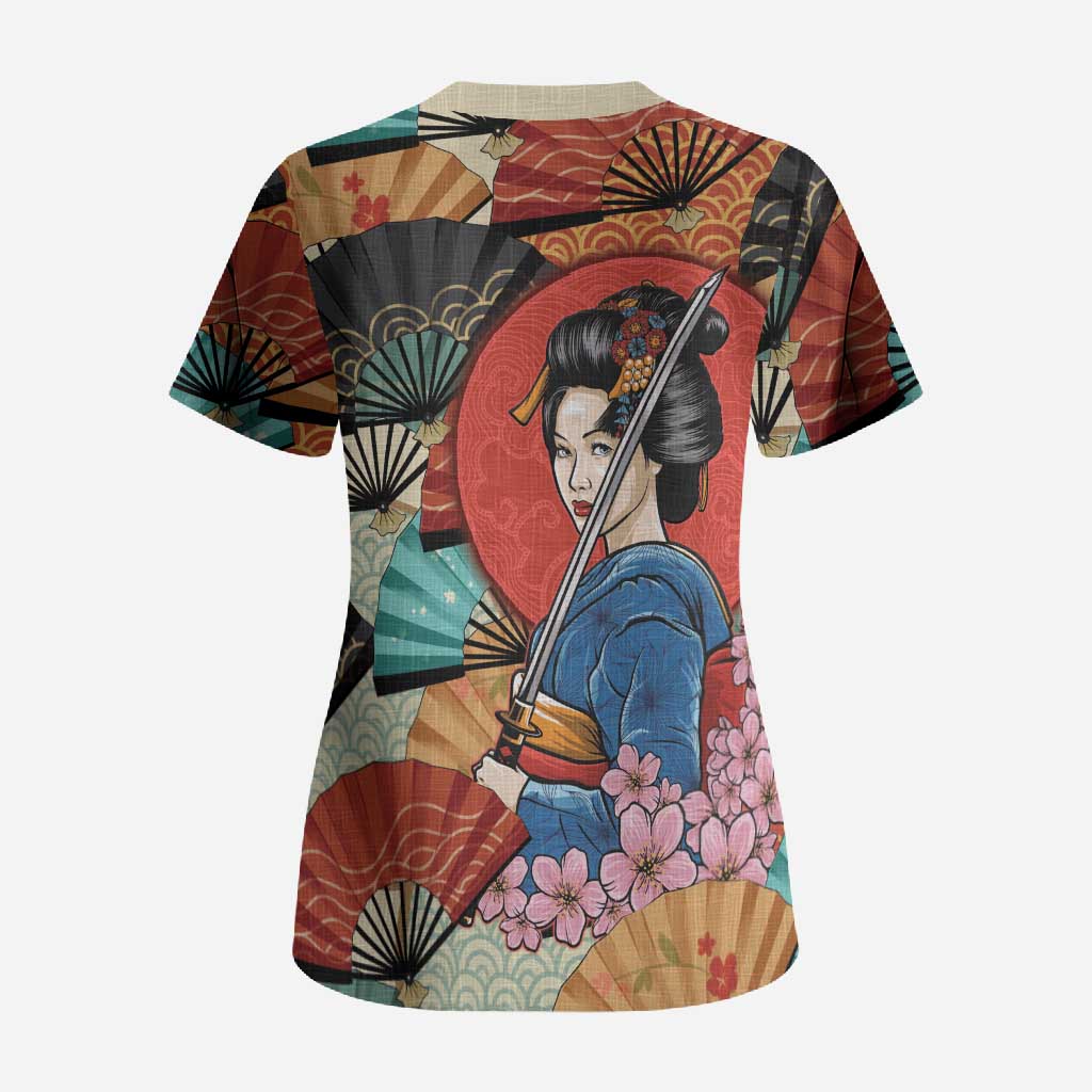 Japanese Geisha Katana Scrub Top Japan Sensu Seigaiha Pattern LT14 - Polynesian Pride