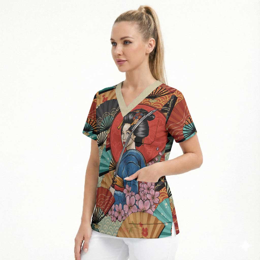 Japanese Geisha Katana Scrub Top Japan Sensu Seigaiha Pattern LT14 - Polynesian Pride