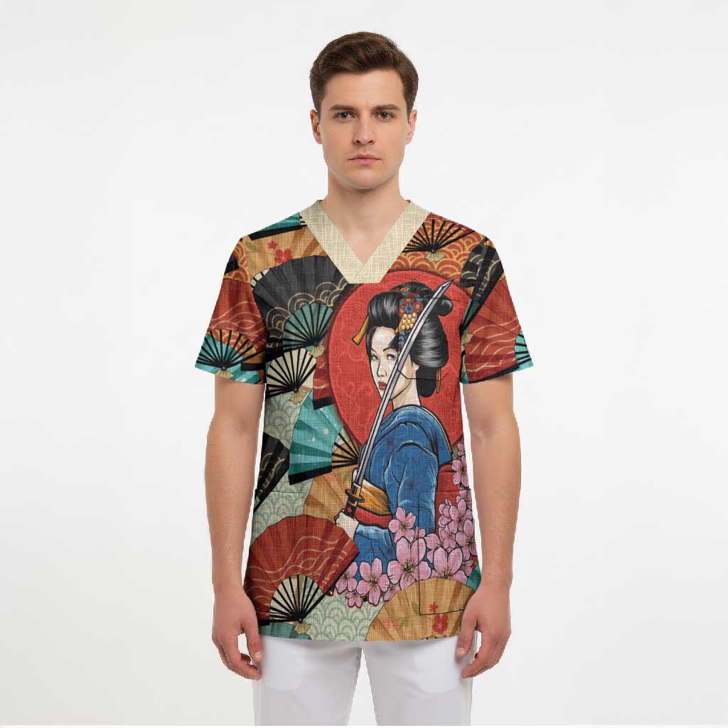 Japanese Geisha Katana Scrub Top Japan Sensu Seigaiha Pattern LT14 - Polynesian Pride
