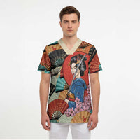 Japanese Geisha Katana Scrub Top Japan Sensu Seigaiha Pattern LT14 - Polynesian Pride
