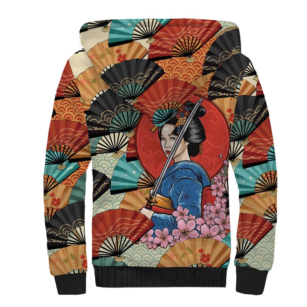Japanese Geisha Katana Sherpa Hoodie Japan Sensu Seigaiha Pattern LT14 - Polynesian Pride
