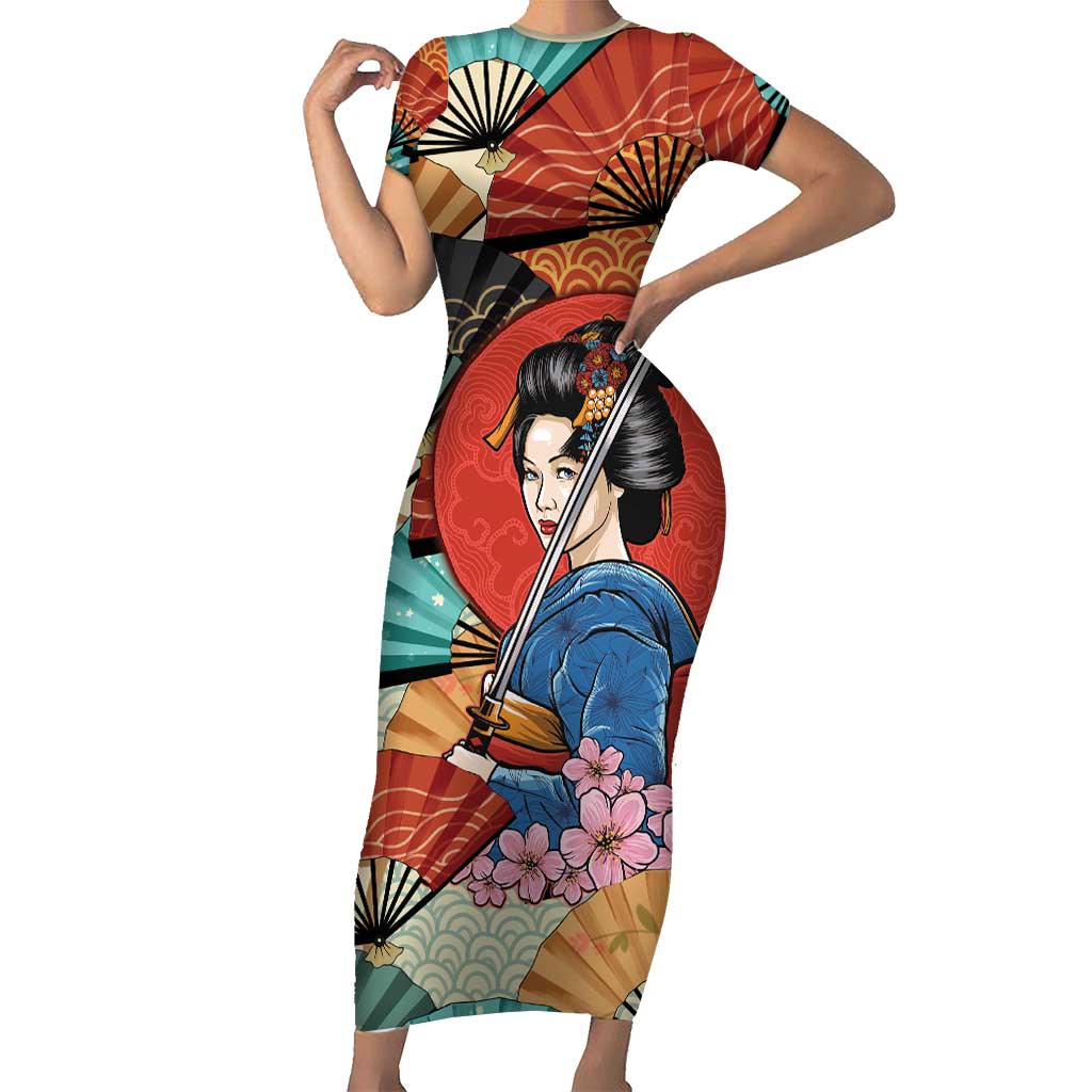 Japanese Geisha Katana Short Sleeve Bodycon Dress Japan Sensu Seigaiha Pattern LT14 Long Dress Multicolor - Polynesian Pride