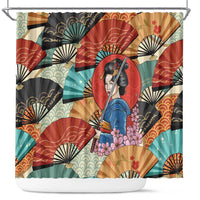 Japanese Geisha Katana Shower Curtain Japan Sensu Seigaiha Pattern - Polynesian Pride