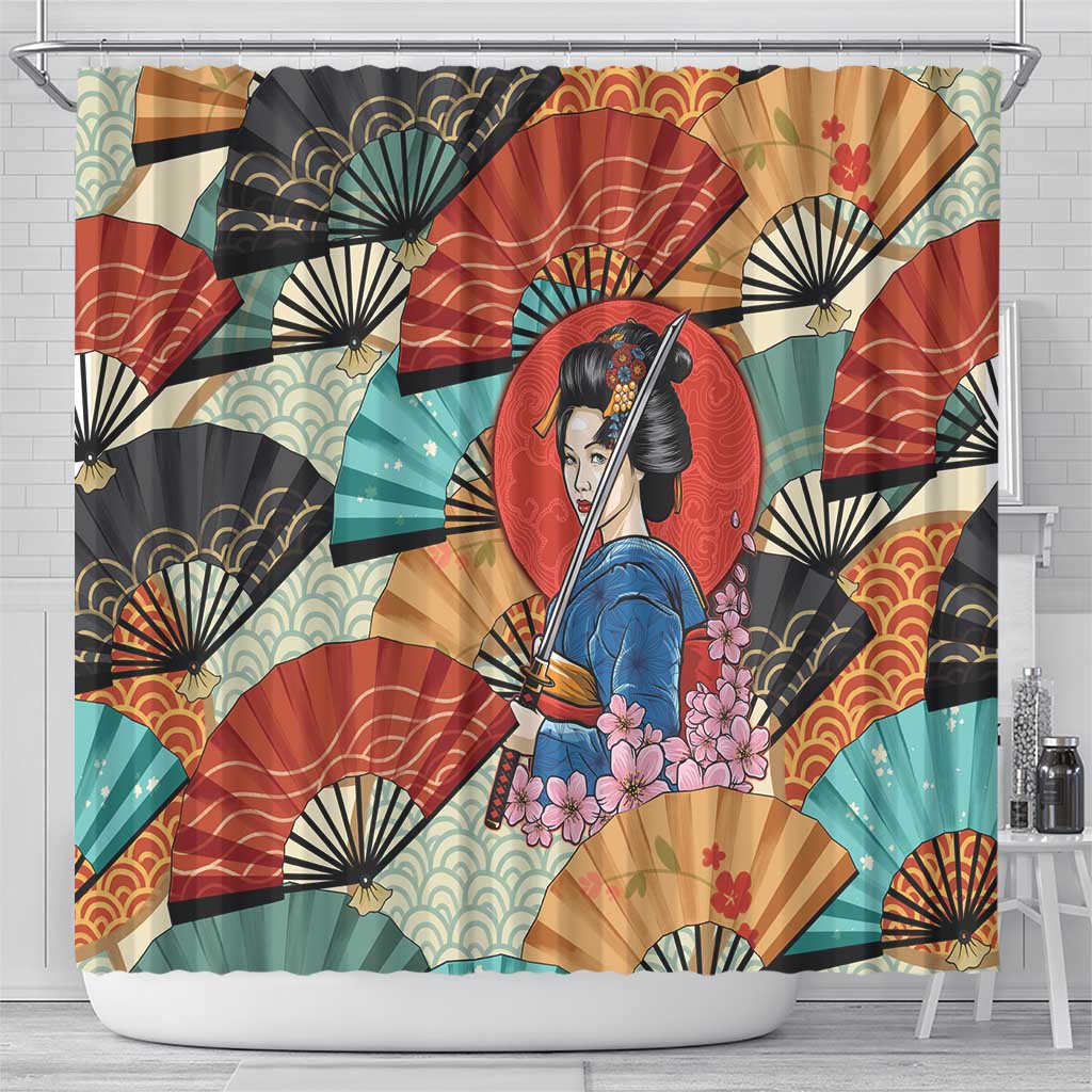 Japanese Geisha Katana Shower Curtain Japan Sensu Seigaiha Pattern - Polynesian Pride