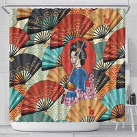 Japanese Geisha Katana Shower Curtain Japan Sensu Seigaiha Pattern - Polynesian Pride