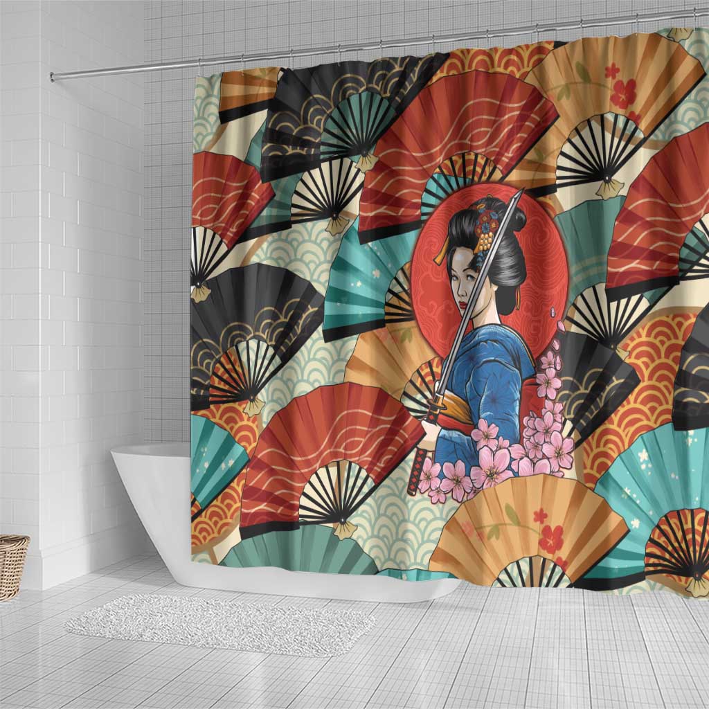 Japanese Geisha Katana Shower Curtain Japan Sensu Seigaiha Pattern - Polynesian Pride