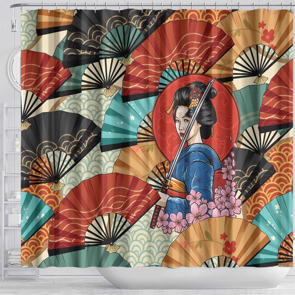 Japanese Geisha Katana Shower Curtain Japan Sensu Seigaiha Pattern - Polynesian Pride