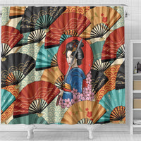 Japanese Geisha Katana Shower Curtain Japan Sensu Seigaiha Pattern - Polynesian Pride