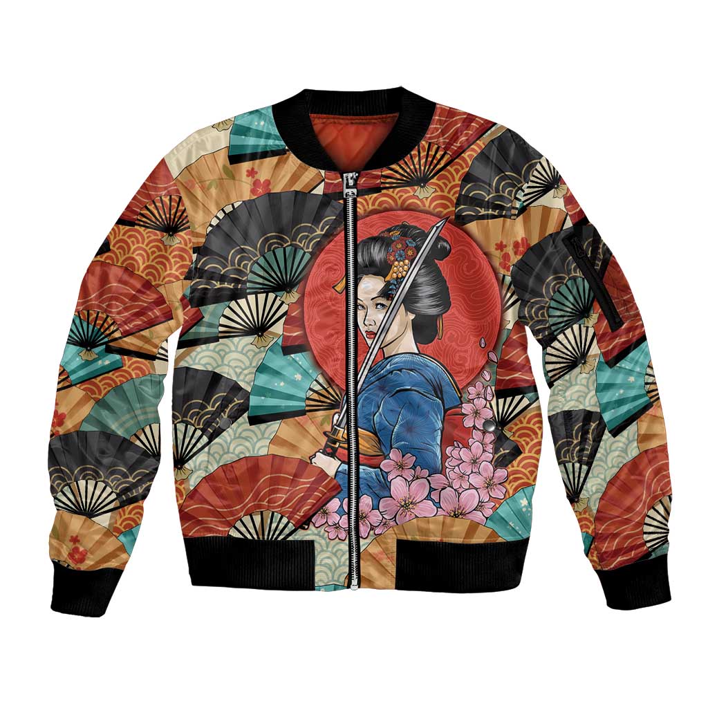 Japanese Geisha Katana Sleeve Zip Bomber Jacket Japan Sensu Seigaiha Pattern LT14 Unisex Multicolor - Polynesian Pride
