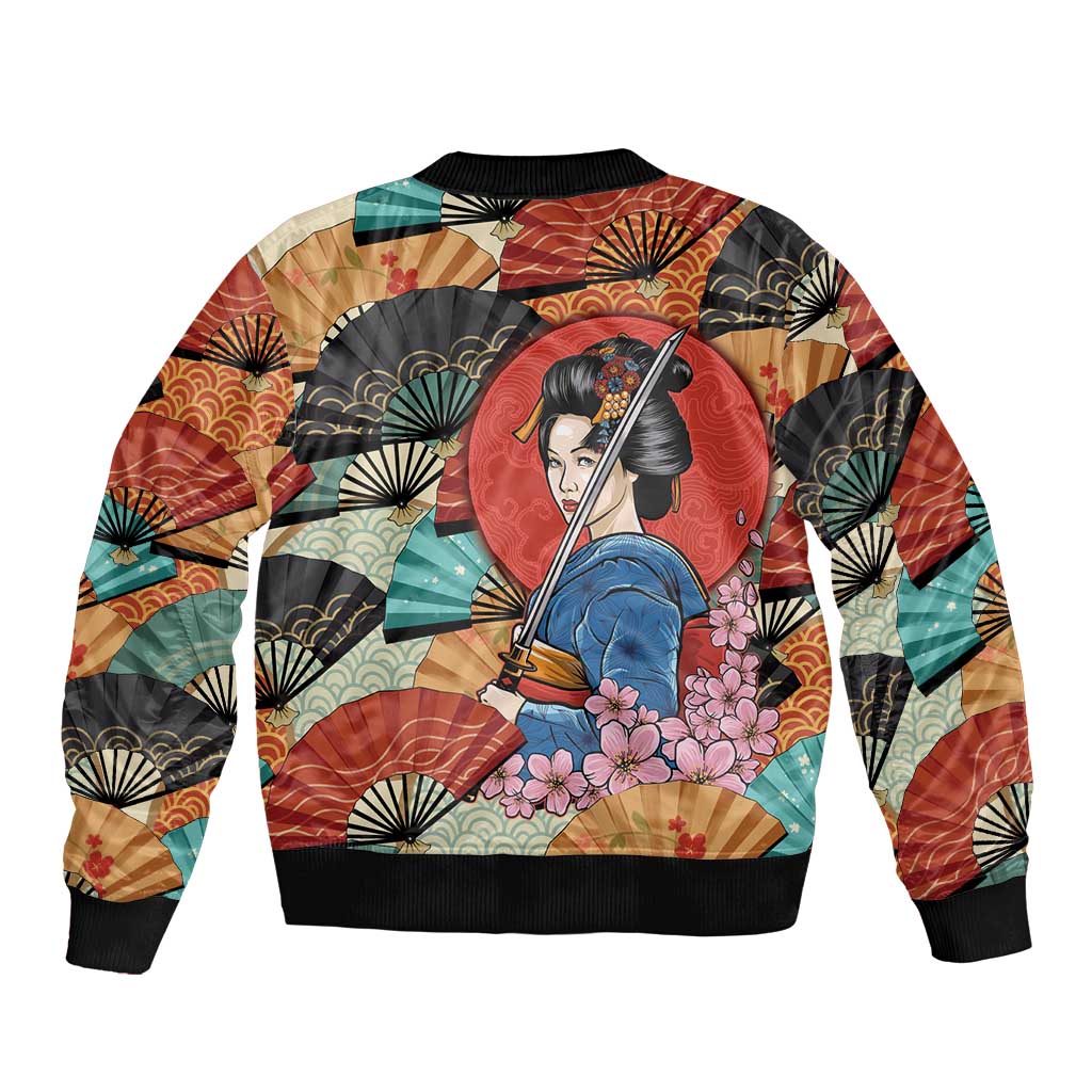 Japanese Geisha Katana Sleeve Zip Bomber Jacket Japan Sensu Seigaiha Pattern LT14 - Polynesian Pride