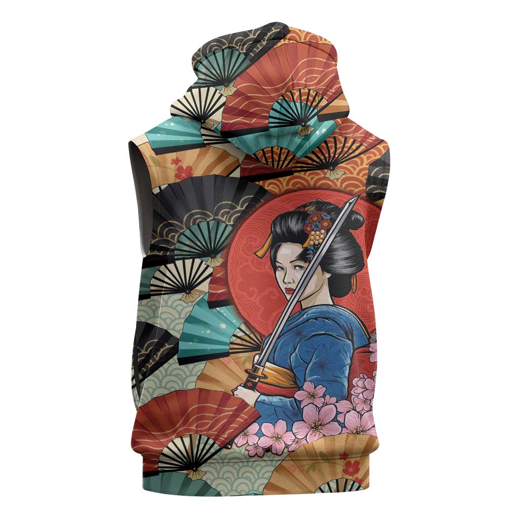 Japanese Geisha Katana Sleeveless Hoodie Japan Sensu Seigaiha Pattern LT14 - Polynesian Pride