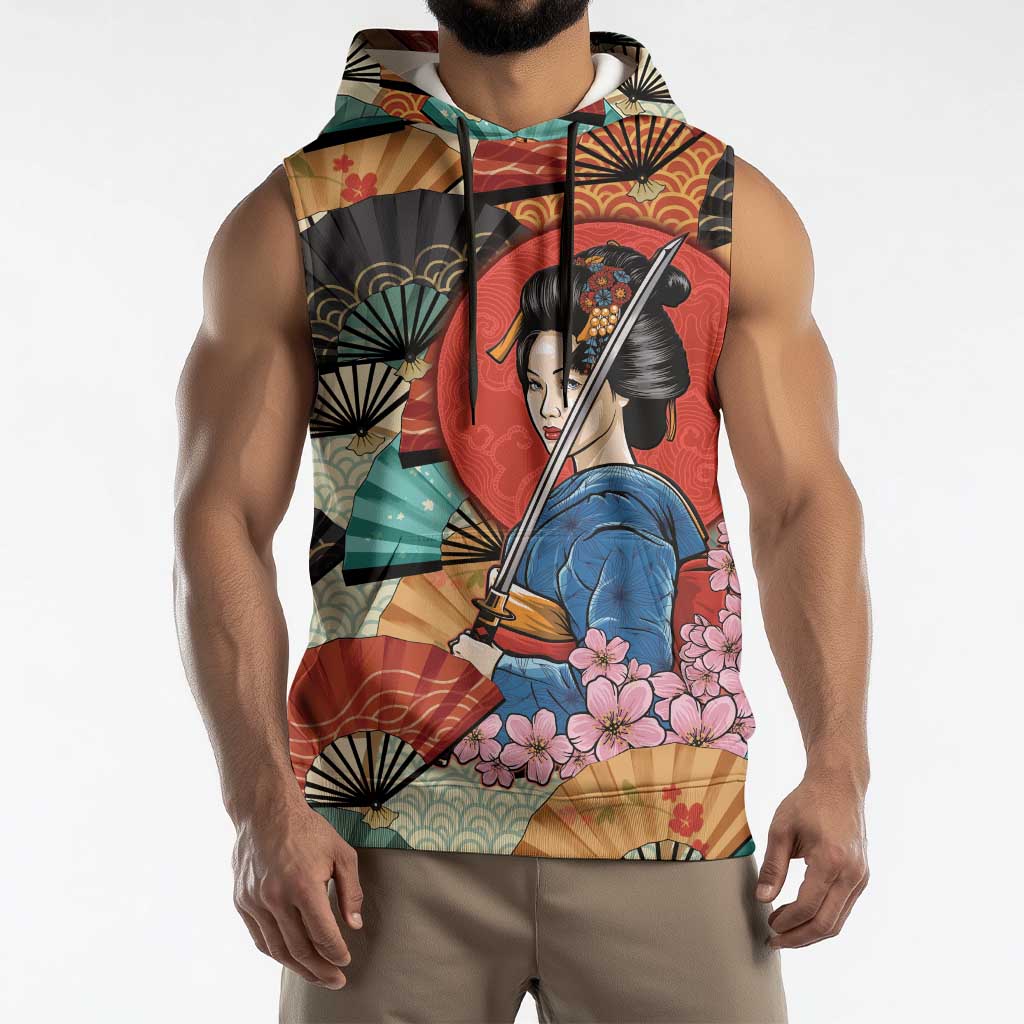 Japanese Geisha Katana Sleeveless Hoodie Japan Sensu Seigaiha Pattern LT14 - Polynesian Pride