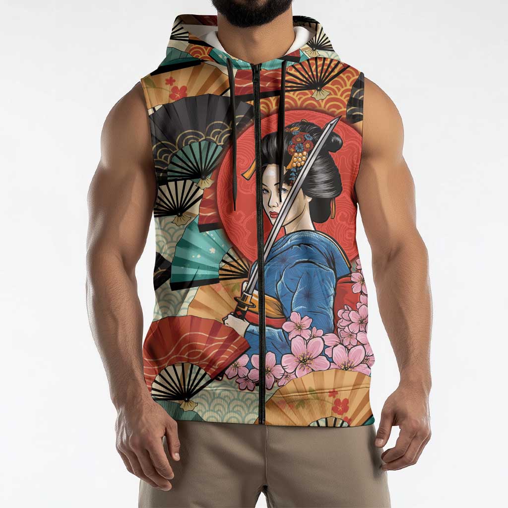Japanese Geisha Katana Sleeveless Zip Hoodie Japan Sensu Seigaiha Pattern LT14 - Polynesian Pride