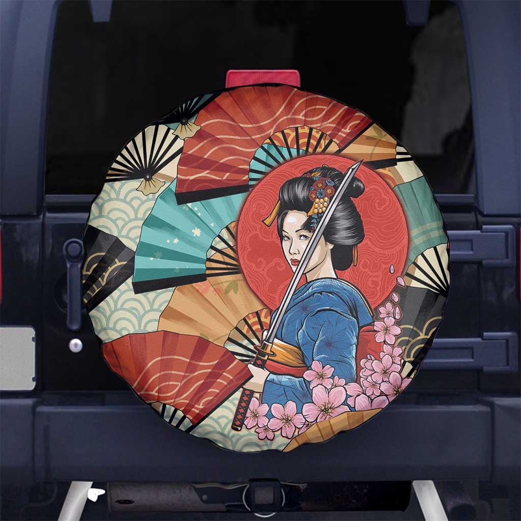 Japanese Geisha Katana Spare Tire Cover Japan Sensu Seigaiha Pattern LT14 No hole Multicolor - Polynesian Pride