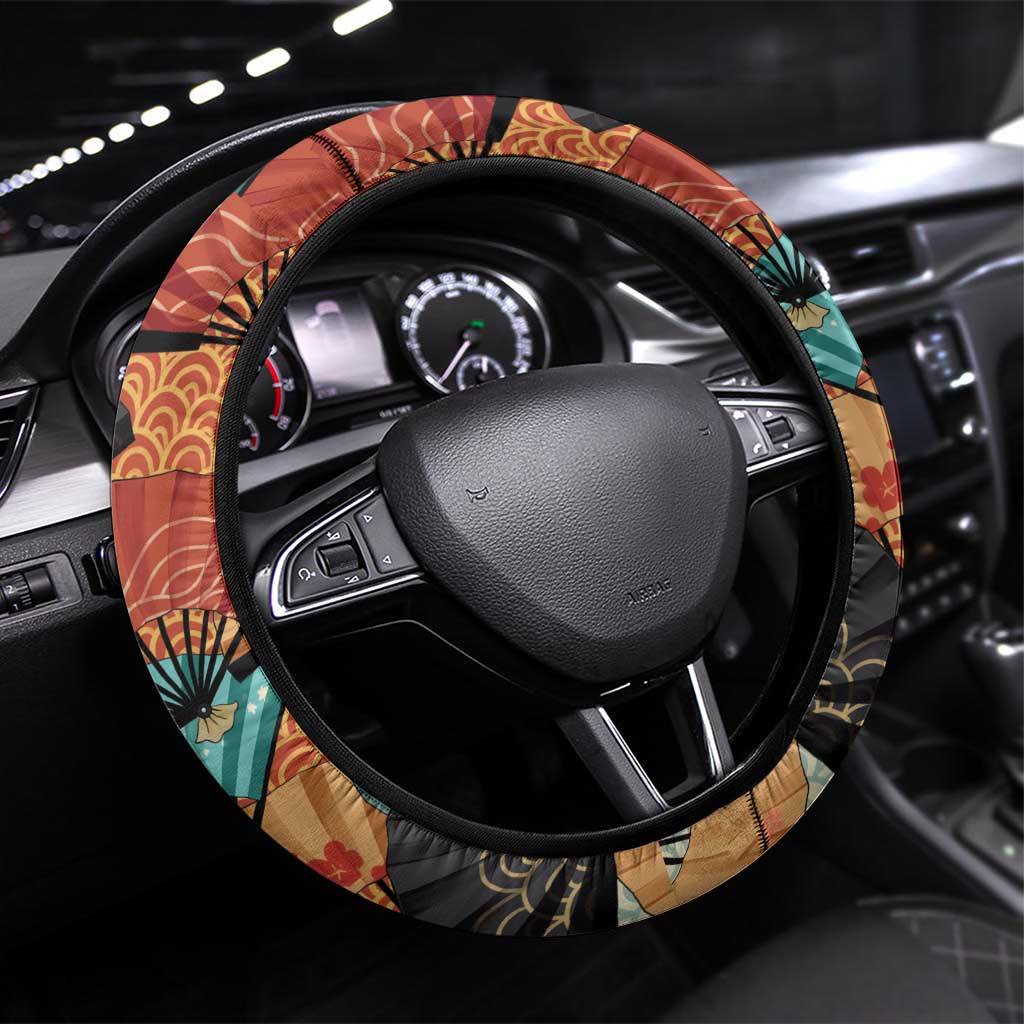 Japanese Geisha Katana Steering Wheel Cover Japan Sensu Seigaiha Pattern LT14 Universal Fit Multicolor - Polynesian Pride