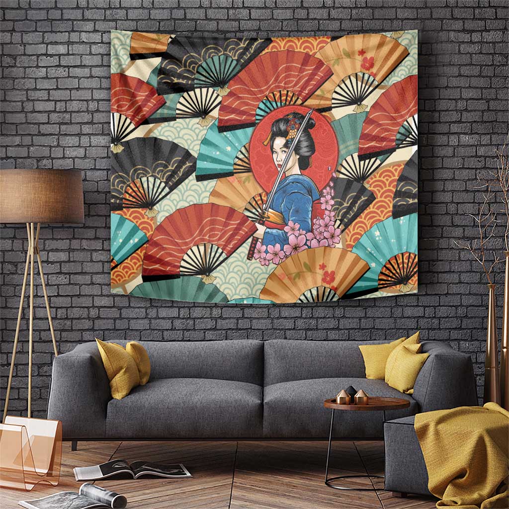 Japanese Geisha Katana Tapestry Japan Sensu Seigaiha Pattern LT14 Multicolor - Polynesian Pride