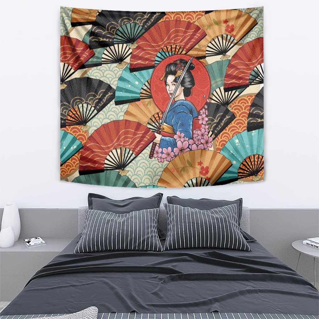 Japanese Geisha Katana Tapestry Japan Sensu Seigaiha Pattern LT14 - Polynesian Pride