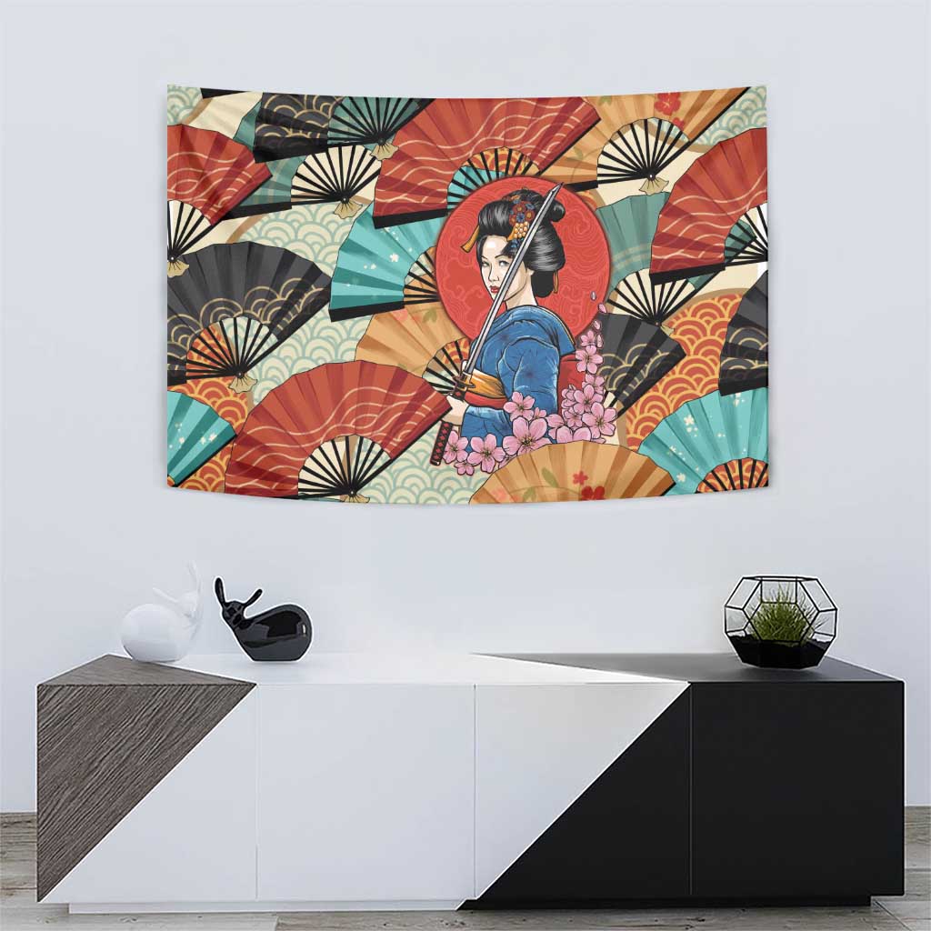Japanese Geisha Katana Tapestry Japan Sensu Seigaiha Pattern LT14 - Polynesian Pride