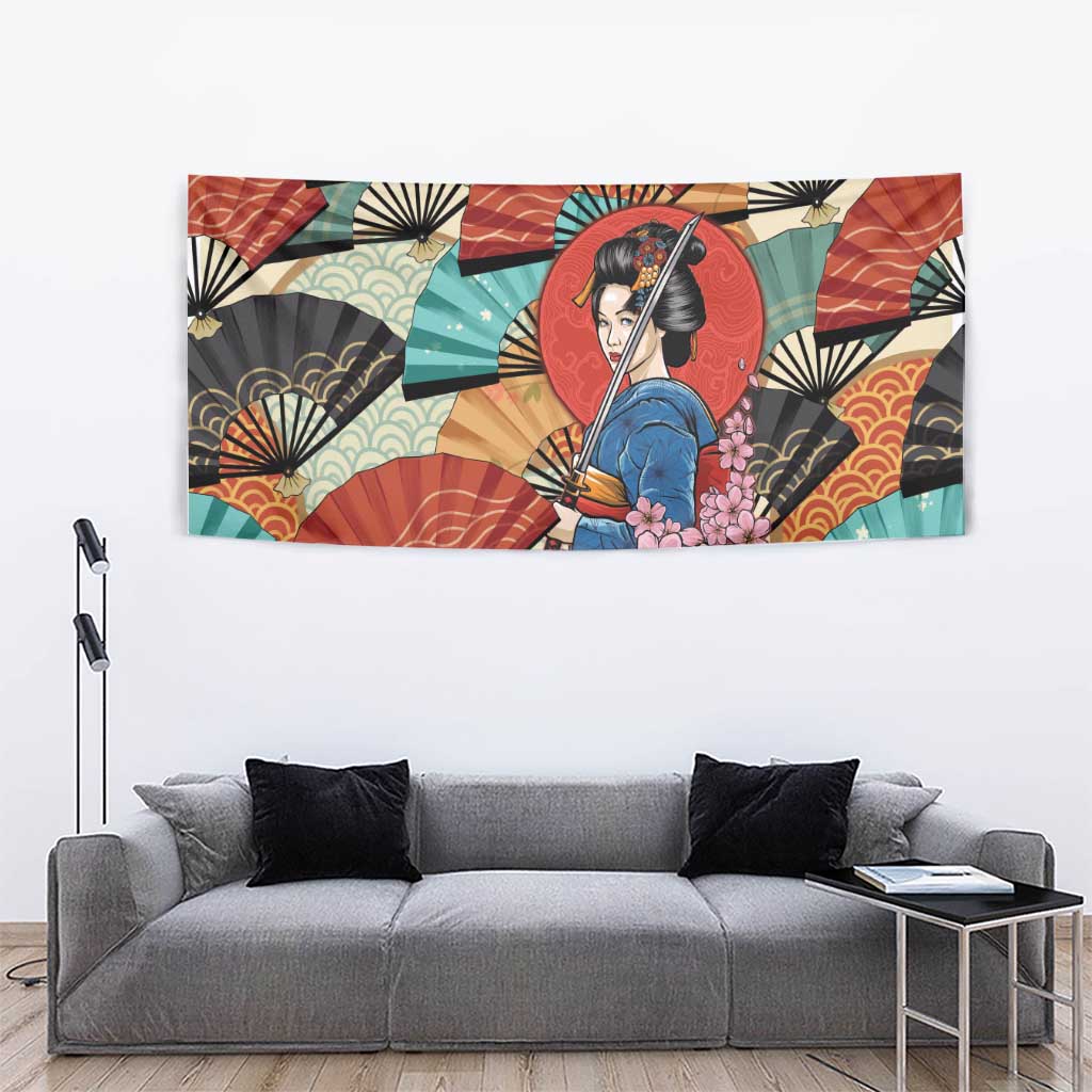 Japanese Geisha Katana Tapestry Japan Sensu Seigaiha Pattern LT14 - Polynesian Pride