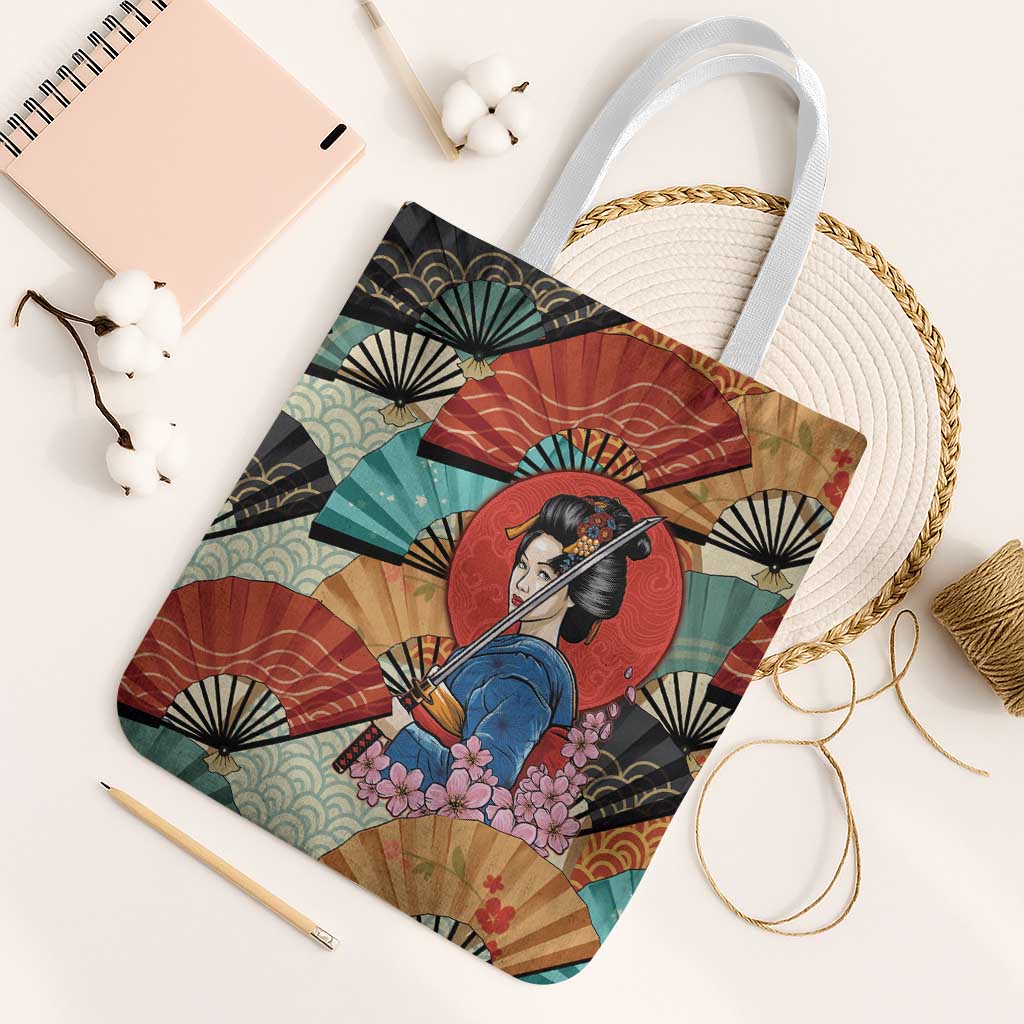 Japanese Geisha Katana Tote Bag Japan Sensu Seigaiha Pattern LT14 White Strap One Size Multicolor - Polynesian Pride