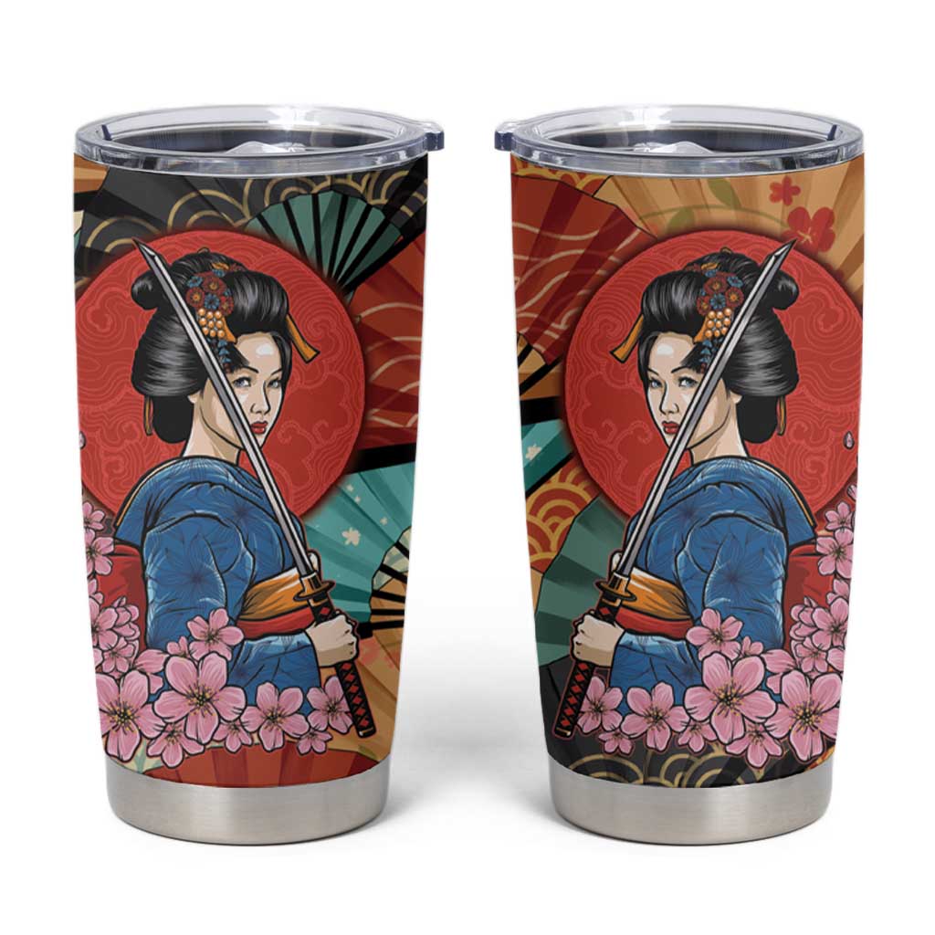 Japanese Geisha Katana Tumbler Cup Japan Sensu Seigaiha Pattern - Polynesian Pride