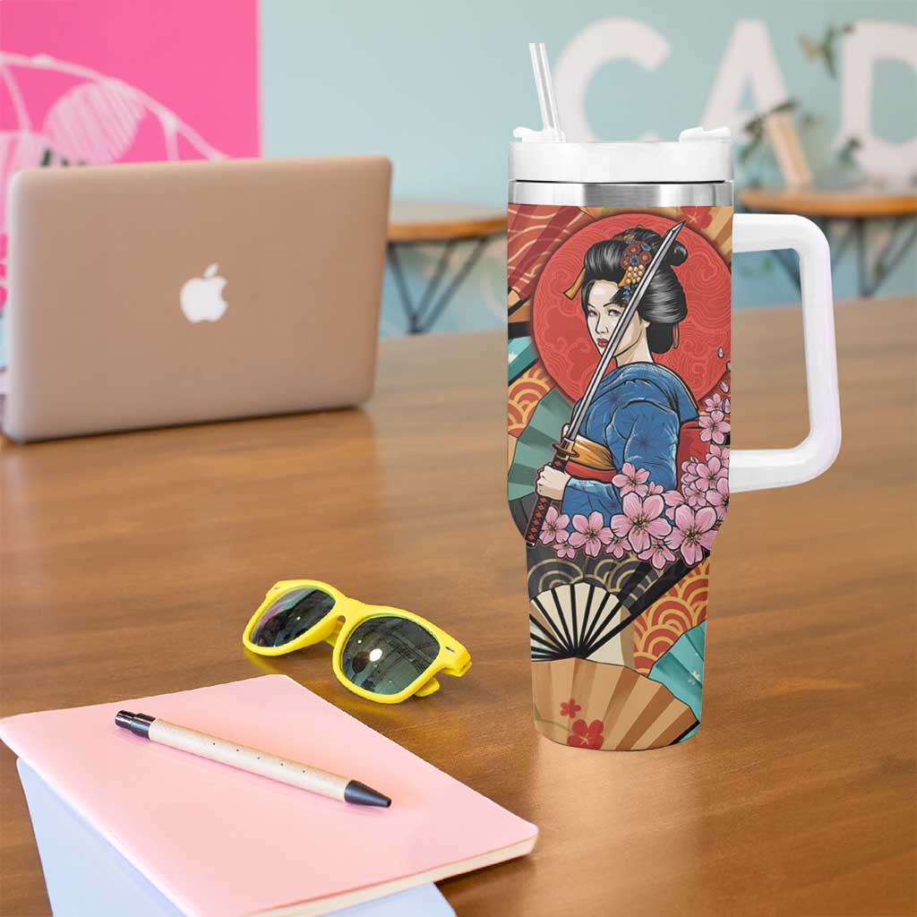 Japanese Geisha Katana Tumbler With Handle Japan Sensu Seigaiha Pattern LT14 - Polynesian Pride